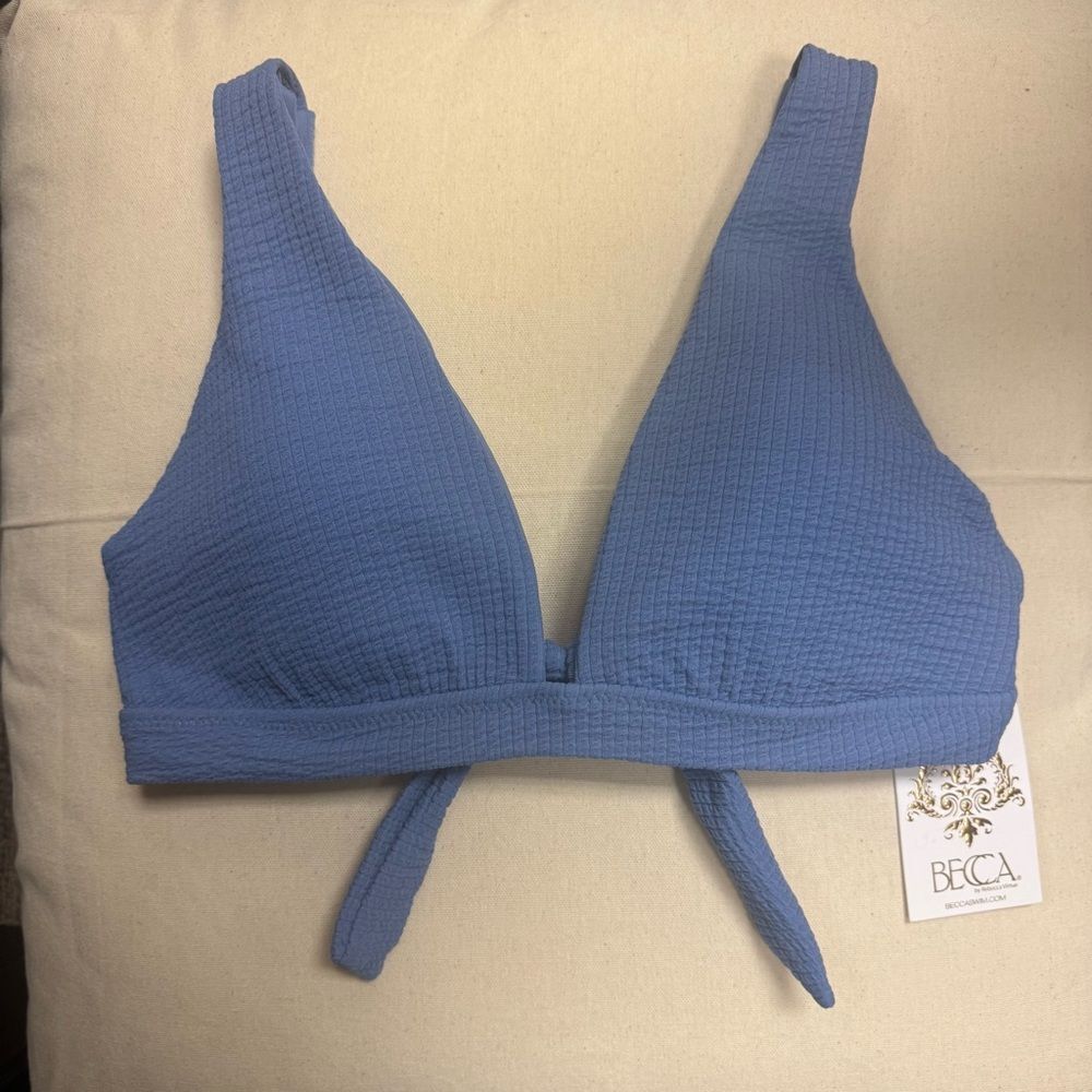 BECCA Pucker Up Halter Bikini Top Mist Blue Adjustable Tie Back D XL NWT - Picture 4 of 10